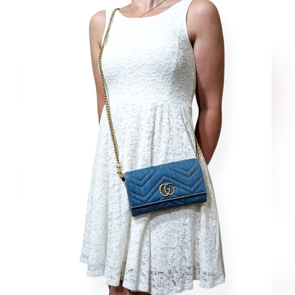 ✨️💎Rare Authentic Limited Edition Gucci marmont Denim Pearl GG Logo Long Wallet - Picture 4 of 15